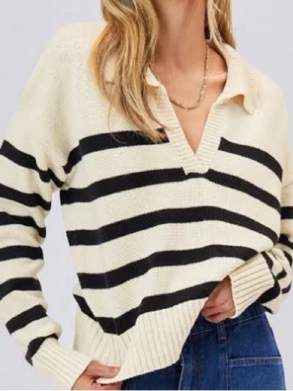 NWT Cider Cream and Black Striped Collared V-Neck Sweater